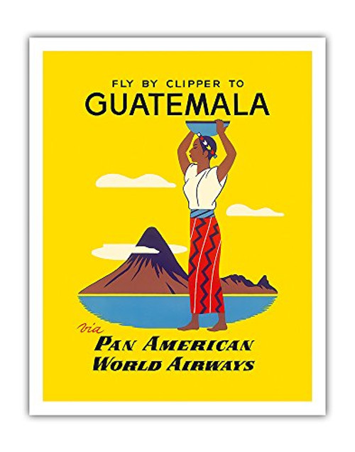 Fly by Clipper to Guatemala via Pan American World Airways - Native Indian Woman, Pacaya Volcano PAN AM - Vintage Airline Travel Poster c.1950s - Fine Art Print - 11in x 14in Fly by Clipper to Guatemala via Pan American World Airways - Native Indian Woman, Pacaya Volcano PAN AM - Vintage Airline Travel Poster c.1950s - Fine Art Print - 11in x 14in
