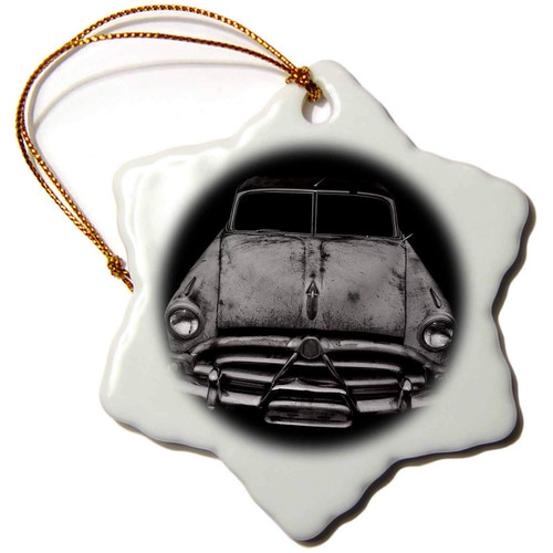 3dRose Black and White Photograph of a Classic car Rusting Away in a car... - Ornaments (orn-306486-1)