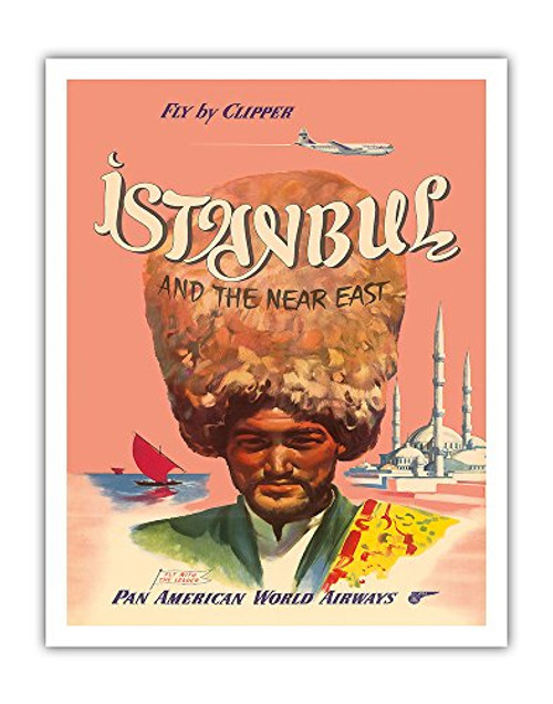 Istanbul Turkey and the Near East - Fly by Clipper - Pan American World Airways - Vintage Airline Travel Poster c.1950s - Fine Art Print - 11in x 14in Istanbul Turkey and the Near East - Fly by Clipper - Pan American World Airways - Vintage Airline Travel Poster c.1950s - Fine Art Print - 11in x 14in