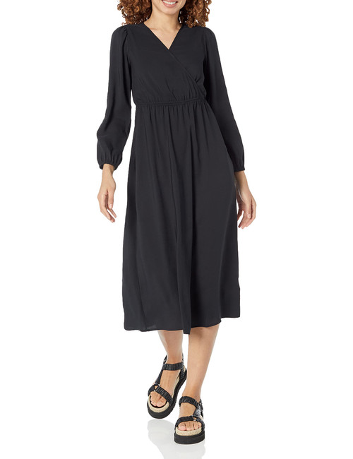 Amazon Essentials Women's Lightweight Georgette Long Sleeve V-Neck Midi Dress (Available in Plus Size), Black, X-Large