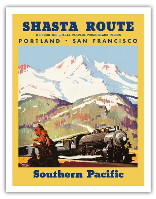Shasta Route - Portland to San Francisco - Cascade Wonderland Region - Southern Pacific Railroad - Vintage Railroad Travel Poster by Maurice Logan 1933 - Fine Art Print - 11in x 14in Shasta Route - Portland to San Francisco - Cascade Wonderland Region - Southern Pacific Railroad - Vintage Railroad Travel Poster by Maurice Logan 1933 - Fine Art Print - 11in x 14in