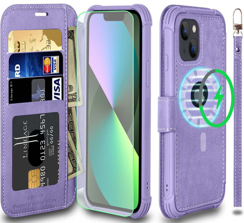 VANAVAGY iPhone 13 Wallet Case for Magsafe,Leather Flip Folio Wrist [Screen Protector Included][Magsafe and Wireless Charging] with RFID Block Card Holder for iPhone 13,Clove Purple