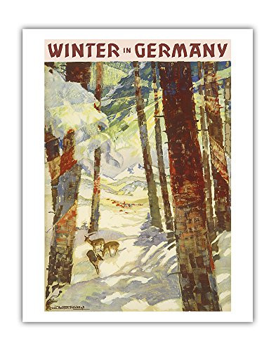 Pacifica Island Art Winter In Germany - Deer in Snow Covered Forest - Vintage World Travel Poster by Werner and Maria von Axster-Heudtlaß c.1936 - Fine Art Print - 11in x 14in