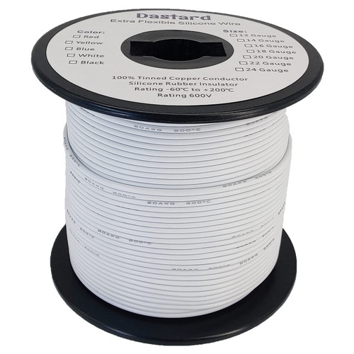 Dastard 20 AWG Silicone Stranded Wire?White 300ft Spool?Flexible 20 Gauge Automotive Wire 20AWG Electrical Tinned Copper Wire - 200? 600V - Car, RC Battery, Solar