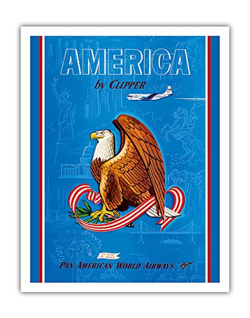 America by Clipper - Pan American World Airways - Fly with the Leader - United States National Bald Eagle - Vintage Airline Travel Poster c.1950s - Fine Art Print - 11in x 14in America by Clipper - Pan American World Airways - Fly with the Leader - United States National Bald Eagle - Vintage Airline Travel Poster c.1950s - Fine Art Print - 11in x 14in