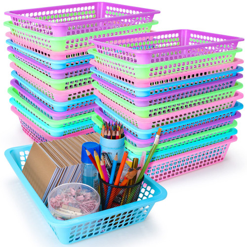 16 Pack Paper Organizer Basket 13.5 x 10 x 3 Inch Plastic Storage Basket Colorful Mesh Bin Teacher Student Organization Bin Plastic Basket Tray Classroom Office File Holder for Home School Supplies