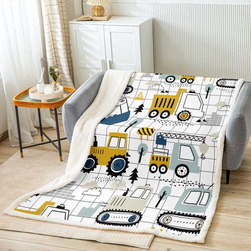 Construction Fleece Throw Blanket Twin 60"x80" Kids Excavator Tractor Toddler Plush Blanket Cartoon Car Equipment Trucks Plaid Grid Sherpa Blanket Construction Vehicles WhiteFuzzy Blanket