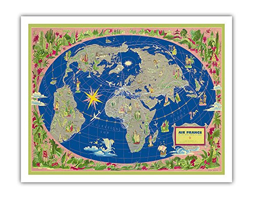 Pacifica Island Art World Map Planisphere - France - The Biggest Network of the World - Planisphere - Vintage Airline Travel Poster by Lucien Boucher c.1952 - Fine Art Print - 11in x 14in Pacifica Island Art World Map Planisphere - France - The Biggest Network of the World - Planisphere - Vintage Airline Travel Poster by Lucien Boucher c.1952 - Fine Art Print - 11in x 14in