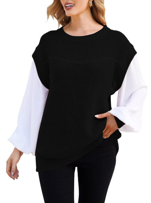 Viottiset Women's Oversized Crew Neck Knit Pullover Sweater Puff Long Sleeve Sweaters Top Black XL