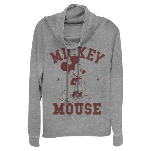 Disney Classic Mickey Goes to College Women's Cowl Neck Long Sleeve Knit Top, Gray Heather, Small