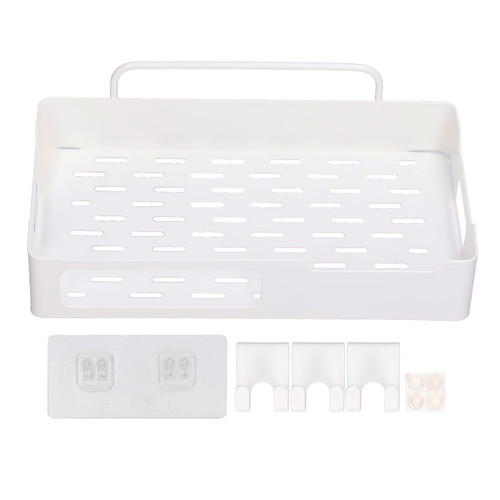 ELINP Wall Mount Spice Rack, Storage Rack Wall Mounted Punch Free Stainless Steel Mesh Base with 3 Hooks for Kitchen Bathroom (White)