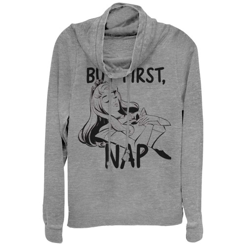 Fifth Sun Disney Princesses Aurora Nap Women's Cowl Neck Long Sleeve Knit Top, Gray Heather, Large