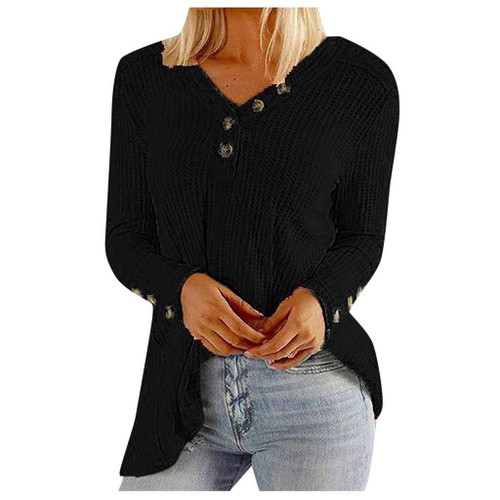 terbklf Womens Waffle Knit Tunic Blouse Long Sleeve V Neck Button Down T Shirts Tie Front Tops Casual Loose Shirt Blouse Black