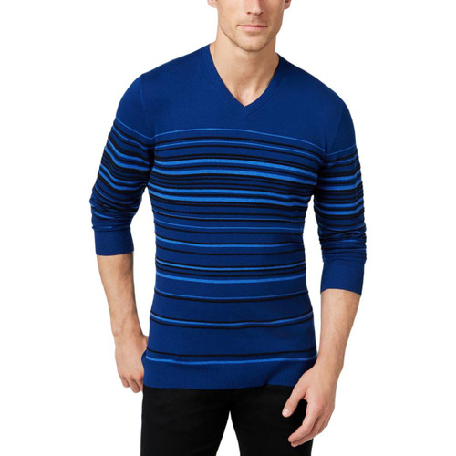 Alfani Mens Striped Knit Sweater, Blue, Medium