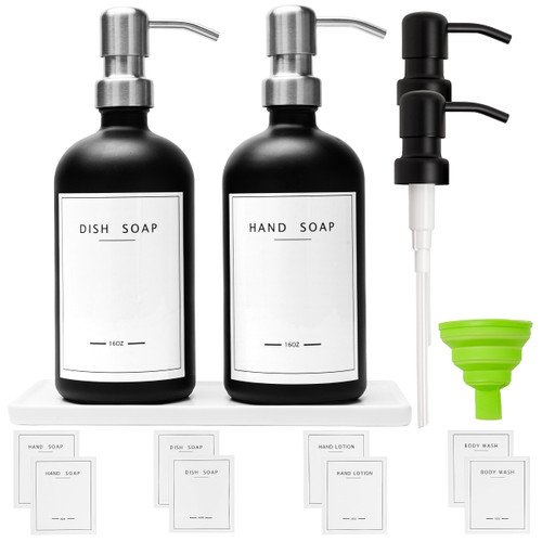 Glass Soap Dispenser Set with Ceramic Tray - Kitchen Soap Dispenser Set - Soap Dispenser for Bathroom - Hand and Dish Soap Dispenser Set + Hand Soap and Lotion Dispenser Set - Set of 2 - Black