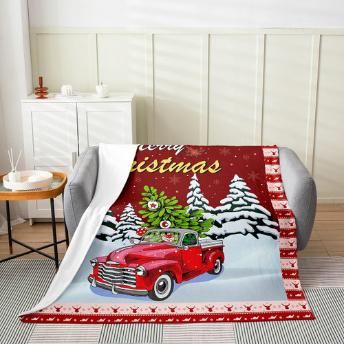 Christmas Fuzzy Blanket 40"x50" Christmas Decorations Fuzzy Blanket Set Red Cartoon Car Flannel Fleece Throw Blanket Cute Snowflake All Season Bed Blanket for Sofa Couch Boys Girls Kids Adults