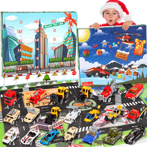 Christmas Advent Calendar 2022, Car Advent Calendar for Kids Advent Calendar with Alloy Vehicle and Helicopter 24 Days Countdown , Plus Play Mats, Perfect Holiday Gift for Kids, Christmas Countdown Calendars for Boys
