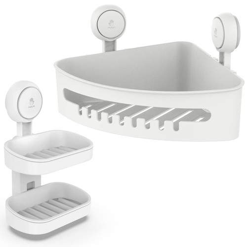 LEVERLOC Corner Shower Caddy Suction Cup & Soap Holder One Second Installation NO-Drilling Removable Shower Caddy Basket Powerful Waterproof Shower Shelf Bathroom Shower Organizer White