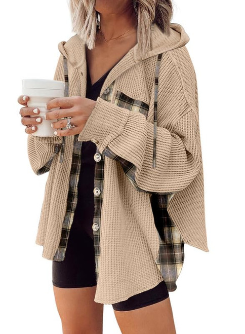 SHEWIN Womens Waffle Knit Shacket Button-Down Shirt Hooded Jacket Plaid Shirt Blouses Loose Long Sleeve Tops 2023 Fall Fashion Outfits Khaki M