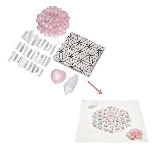 QGEM Chakra Healing Crystal Grids Love Kit, Lot of Assorted Chips Rose Quartz Crystals Gemstones, Rose Quartz Puff Heart, Flower of life Geometry Crystal Grids Altar Cloth,#4