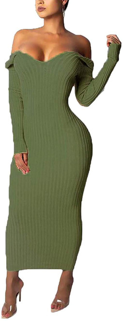 Cinyifaan Womens Casual Off Shoulder Slim Knit Sweater Bodycon Long Pencil Fall Dress