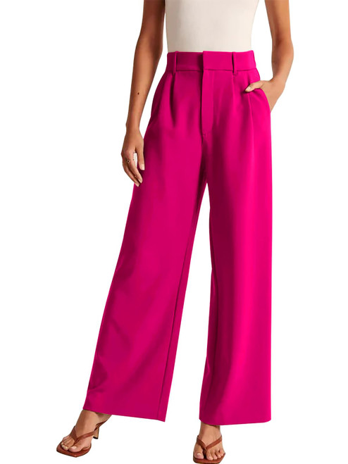 KUNMI Women's Wide Leg Pants Work Business Casual Loose High Waisted Dress Palazzo Flowy Trousers Rose Red