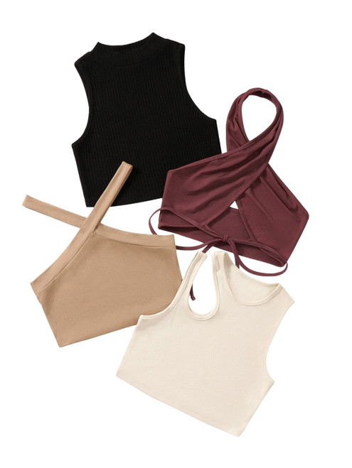 MakeMeChic Women's Casual 4 Pieces Solid Ribbed Knit Crop Tank Tops Vest Pack A Multicolor M