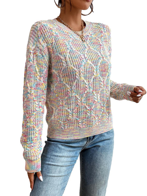 GORGLITTER Women's Cable Knit Drop Shoulder Sweaters Long Sleeve Space Dye Pullover Tops Multicolor Small