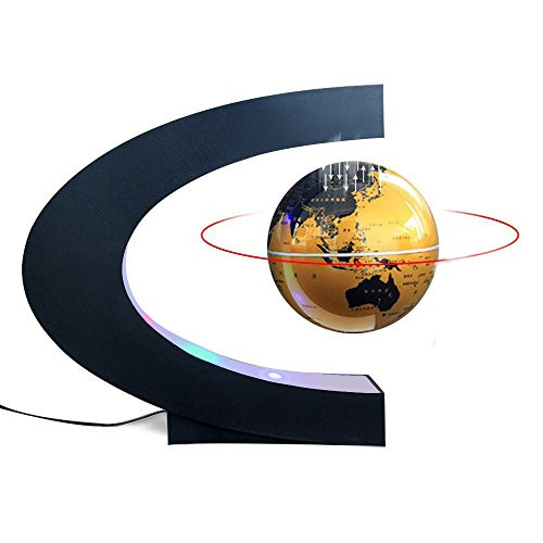 Magnetic Levitation Floating World Map Globe C Shape Base, 3" Rotating Planet Earth Globe Ball Anti Gravity with LED Light Lamp- Educational Gifts for Kids, Home Office Desk Decoration (Gold)