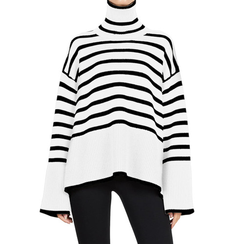 Womens Sweater Oversized Knitted Turtleneck Wide Long Sleeve Striped Sweater Loose Casual Thick Knit Pullover Sweater Tops
