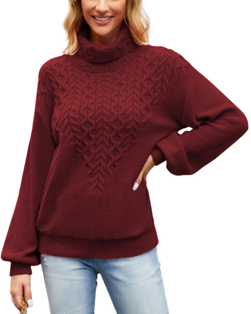 ZAFUL Women's Turtleneck Cable Knit Oversized Pullover Sweaters Casual Long Sleeve Chunky Loose Jumper Tops Wine Red