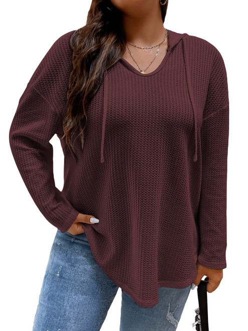SOLY HUX Women's Plus Size Hoodies Long Sleeve Drawstring Waffle Knit Pullover Sweatshirt Tops Pure Maroon 3XL