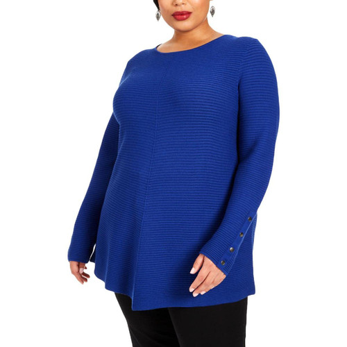 Alfani Womens Plus Ribbed Knit Embellished Tunic Sweater Blue 0X