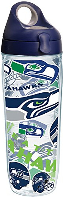 Tervis 1248199 NFL Seattle Seahawks All Over Tumbler with Wrap and Navy with Gray Lid 24oz Water Bottle, Clear