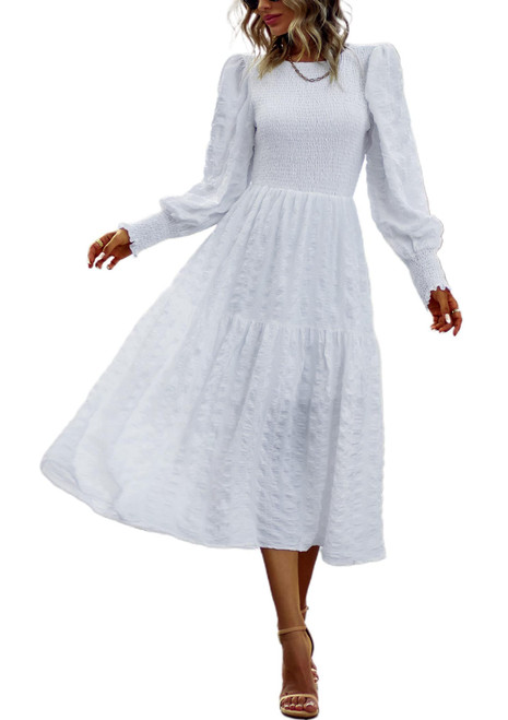 PRETTYGARDEN Women's Boho Puff Long Sleeve Crewneck Smocked Tiered Maxi Dress Solid Print Ruffle A-line Flowy Long Dress(White,Small)