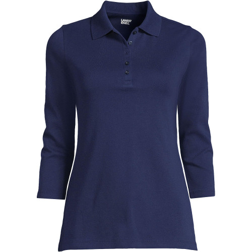 Lands' End Womens 3 Quarter Sleeve Cotton Interlock Polo Deep Sea Navy Regular Large