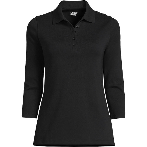 Lands' End Womens 3 Quarter Sleeve Cotton Interlock Polo Black Regular X-Large