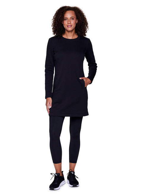 RBX Fleece Dress for Women, Breathable Cotton Sweater Dress Sweatshirt Dress with Pockets, Crewneck Fleece Tunic Sweater for Yoga, Casual Wear, Hiking Black Solid L