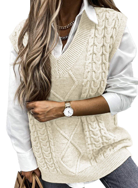 EVALESS Womens Sweater Vest V Neck Sleeveless Sweaters for Women Cable Knit Solid Color Tops Loose Casual Soft Sweater Beige Small
