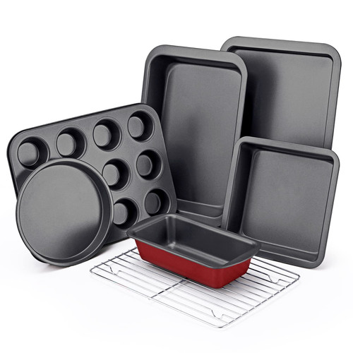 KITESSENSU Baking Pans Sets, Nonstick Bakeware Set 7-Piece with Round/Square Cake Pan, Loaf Pan, Muffin Pan, Cookie Sheet, Roast Pan, Cooling Rack, Carbon Steel Bake Set
