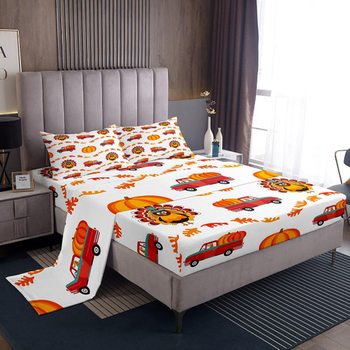 Cute Turkey Kids Sheets Full Size Cartoon Pumpkin Car Bed Sheets for Boys Girls Teens Bedroom Decor Thanksgiving Decorations Autumn Harvest Bed Sheet Set Fall Maple Leaves Bedding Fitted Sheet 4Pcs