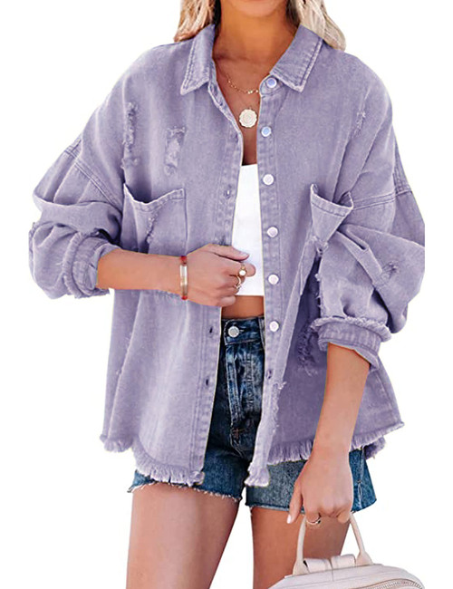 Lumister Womens Causal Oversized Soft Lightweight Distressed Jean Jacket Ripped Fringe Long Sleeve Denim Jacket Shacket (0222-Purple-XL)