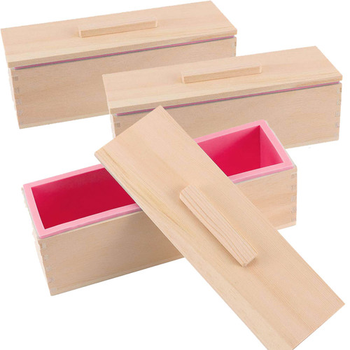 ZEONHEI 3 Set 45 Oz Pink Silicone Soap Molds Loaf, Flexible Rectangular Soap Making Molds with Wood Box Wooden Covers, Soap Molds for Soap Making