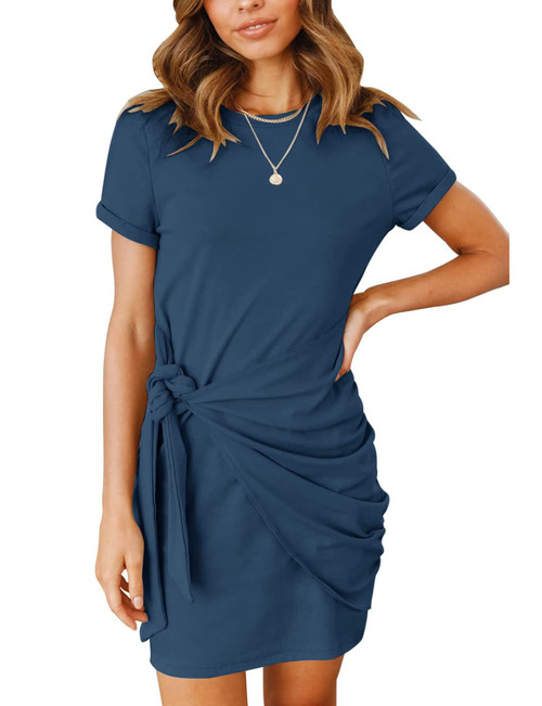 MEROKEETY Women's Short Sleeve Crew Neck T Shirt Dress Tie Waist Ruched Bodycon Mini Dress, Navy, M MEROKEETY Women's Short Sleeve Crew Neck T Shirt Dress Tie Waist Ruched Bodycon Mini Dress, Navy, M