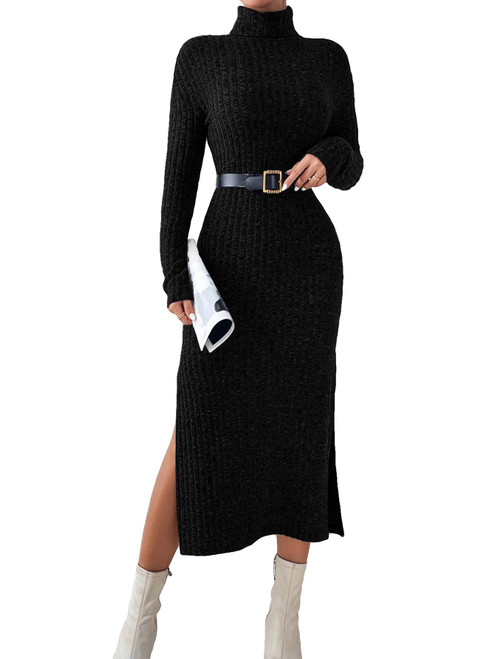 MakeMeChic Women's Turtleneck Long Sleeve Ribbed Knit Split Bodycon Midi Fall Dress Black S