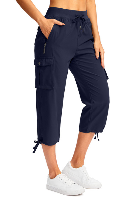 Soothfeel Women's Cargo Capris Pants with 6 Pockets Lightweight Quick Dry Travel Hiking Summer Pants for Women Casual (Navy, M)