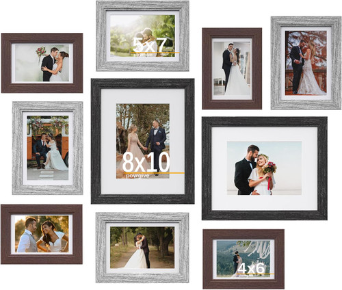 Povrgive 10 Pack Picture Frames Collage Wall Decor, Gallery Wall Frame Set with Mat for Wall Mounting or Tabletop Display, Including Two 8x10, Four 5x7, Four 4x6 Family Photo Frames, Black Gray Brown