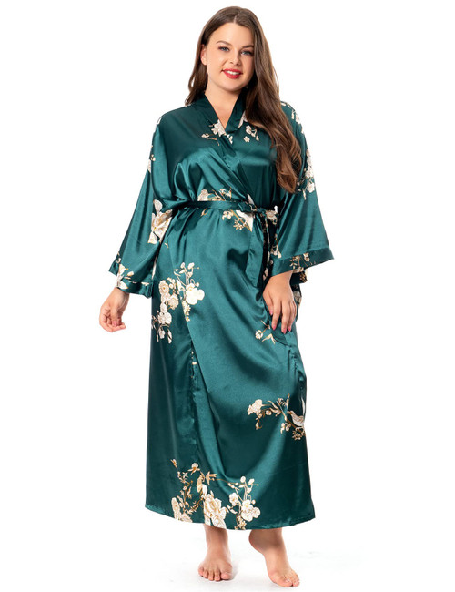 feslieacc Women's Plus Size Satin Robes Floral Long Silk Robes Plus Size Kimonos Bathrobes Ladies Dressing Gown,Dark Green/Bird, 2XL/3XL