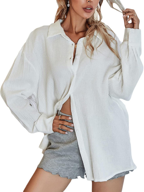 MakeMeChic Women's Oversized Button Down Shirts Collared Button Up Shirt Blouse Top A-White M