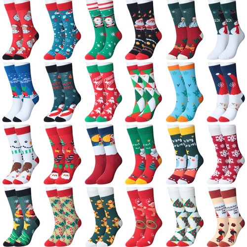 24 Pairs Christmas Socks Set Holiday Crew Socks Christmas Gifts Soft Stretchy Novelty Colorful Cotton Christmas Socks Christmas Tree Snowman Santa Claus Socks for Men Women Gifts